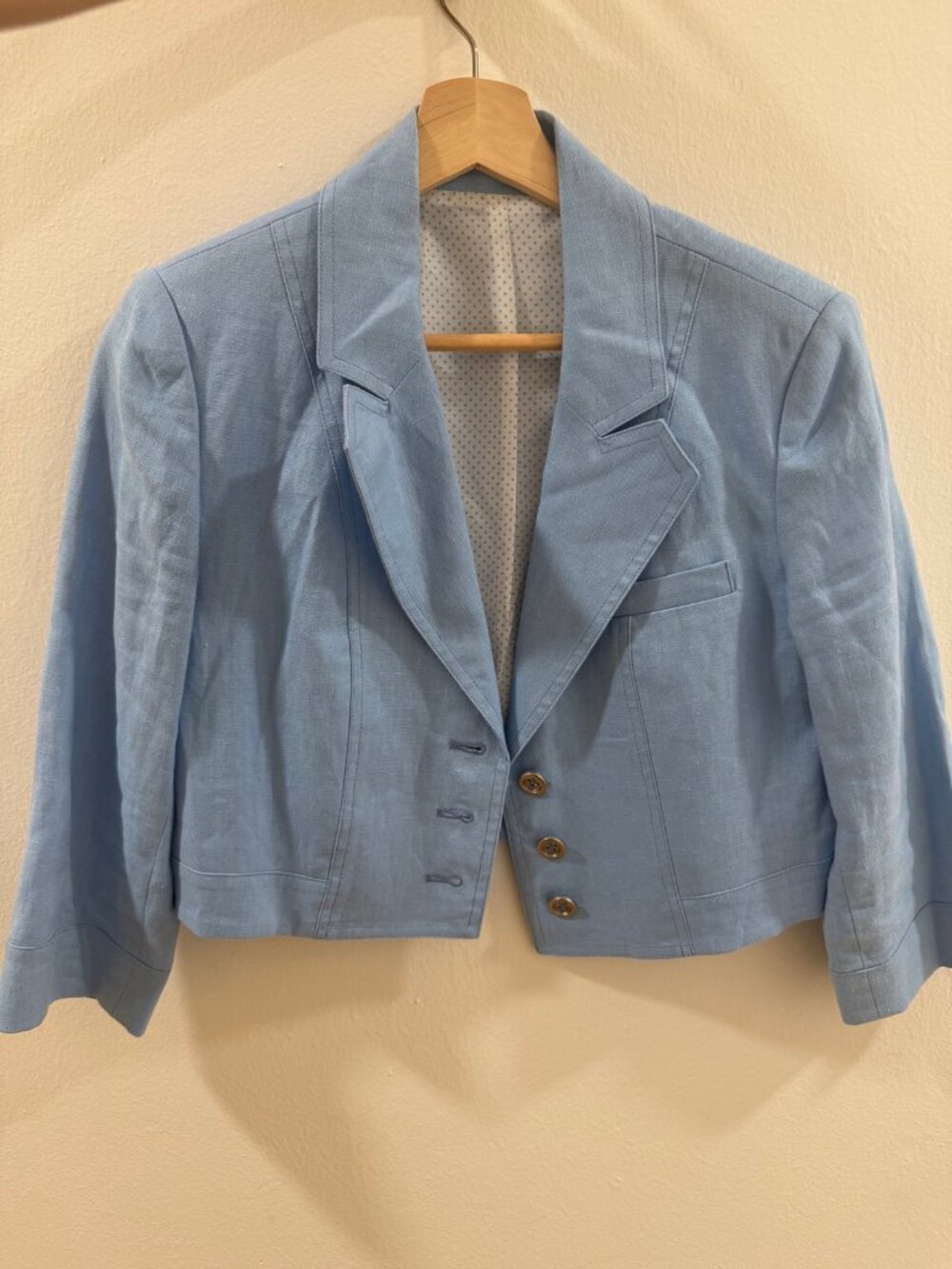 Light Blue Cropped Blazer with Polka-Dot Lining